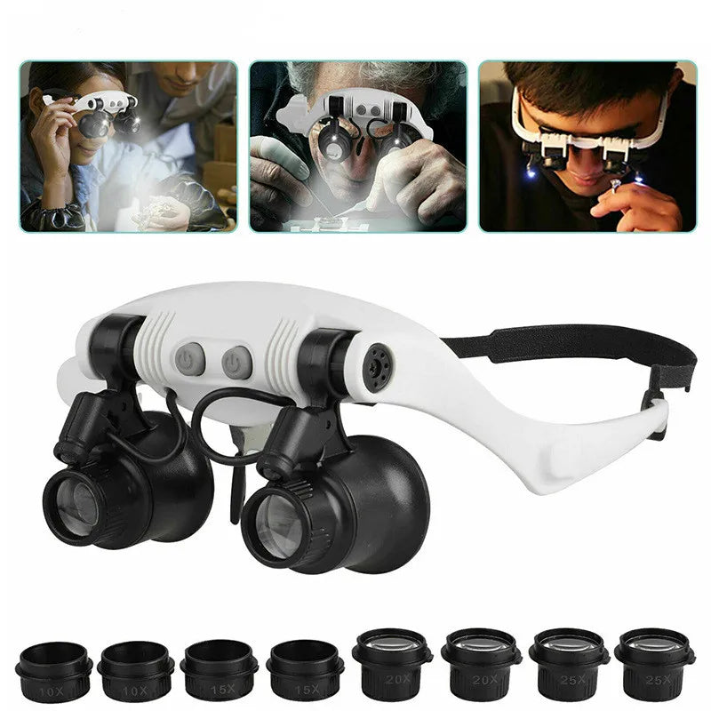 LED Headband Magnifier 10X–25X – Head Loupe with Light Headband Magnifier Axl 10X 15X 20X 25X