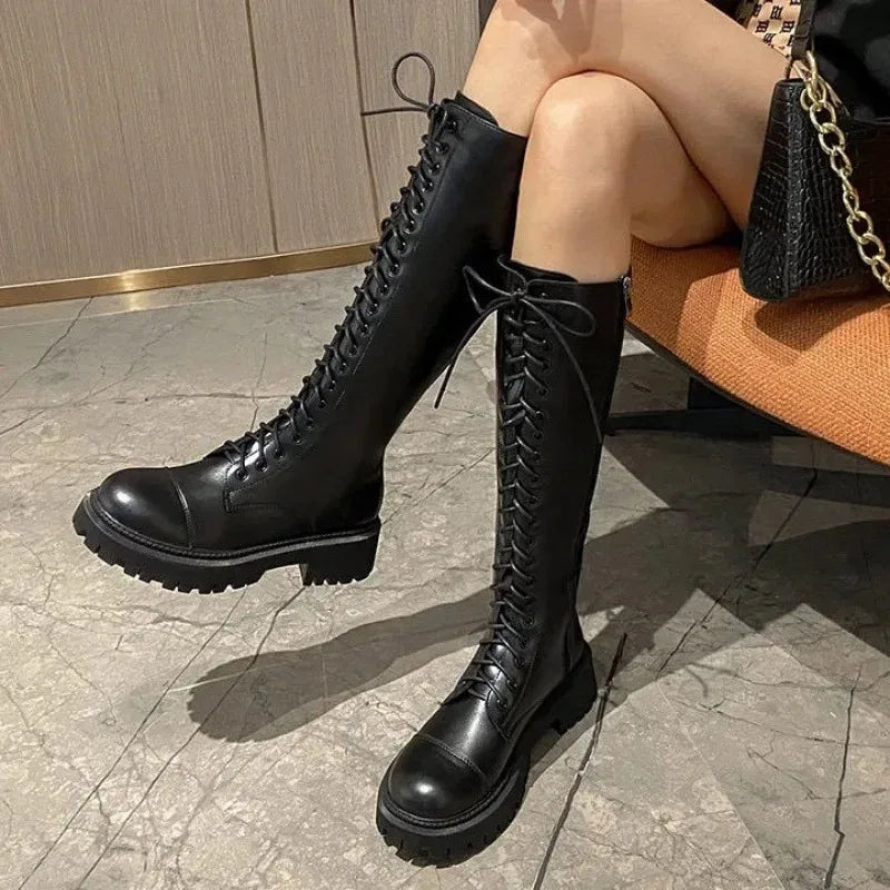 Women's Lace-Up Knight Boots | British Style Thick Sole Winter Women's Winter Boots Axl