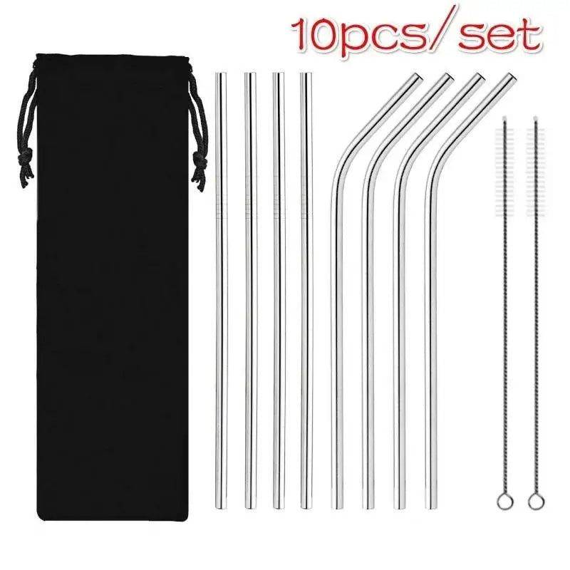 10-Piece Reusable Stainless Steel Straws Set with Cleaning Brush Reusable Straw Set Axl Silver