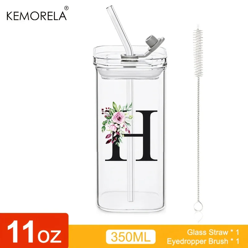 KEMORELA 300ml Letter-Shaped Glass Tumbler with Lid & Straw Glass Tumbler Axl H 300ML
