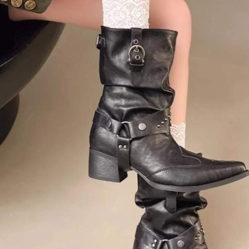 Women's Rivet Mid-Calf Knight Boots – Thick Heel Pointed Toe Women's Mid-Calf Boots Axl