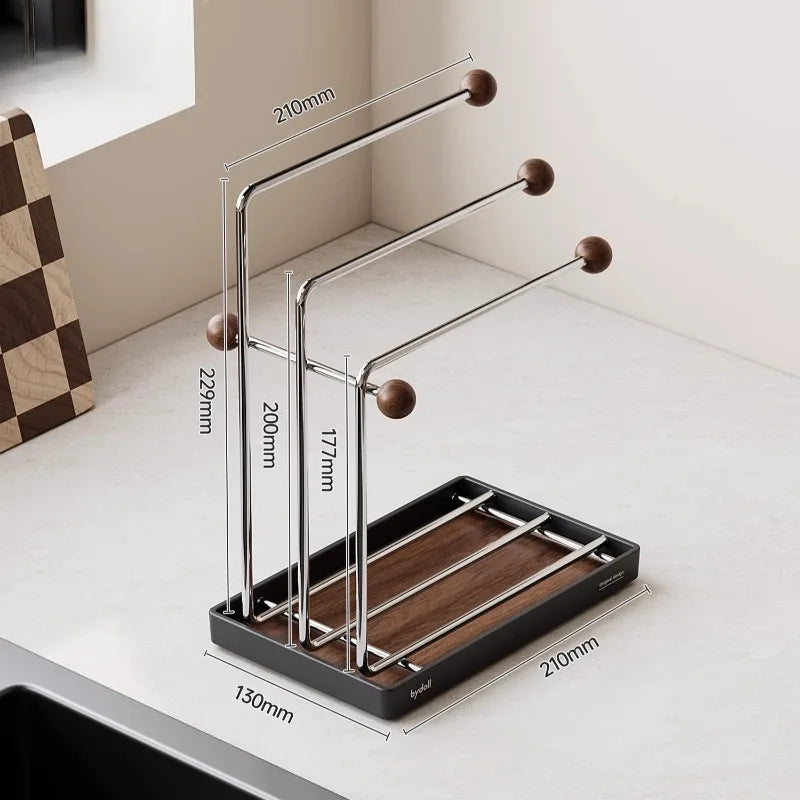 3-Tier Kitchen Rag Drain Rack – Countertop Dishcloth Organizer Kitchen Storage Rack Axl Walnut Single Pack