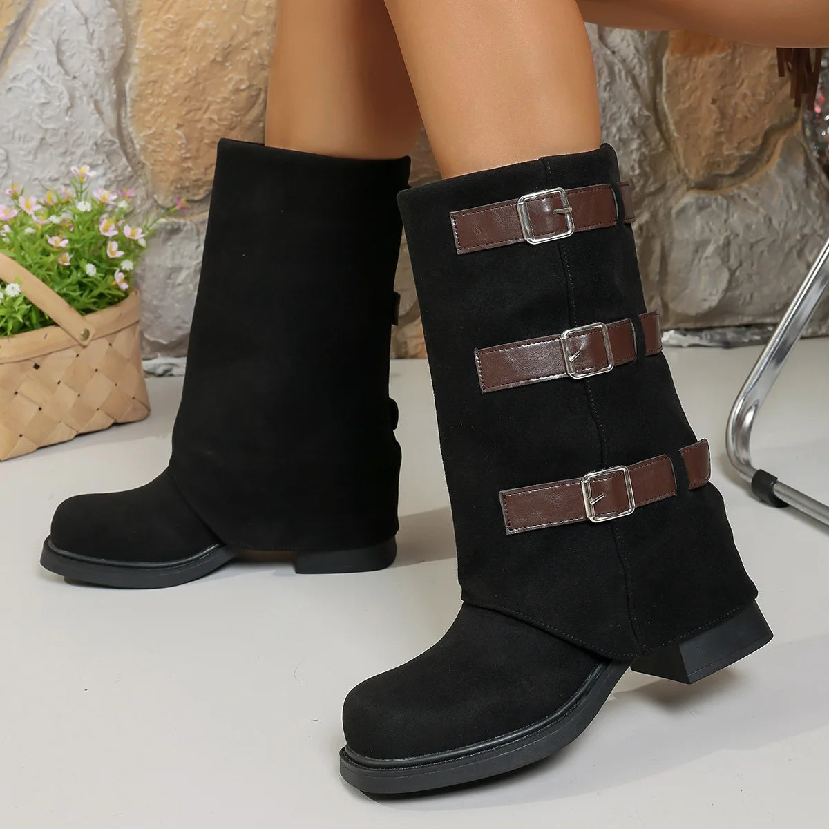 Women's Suede Mid-Calf Winter Boots – Low Heel, Velvet Lined Women's Winter Boots Axl black 41