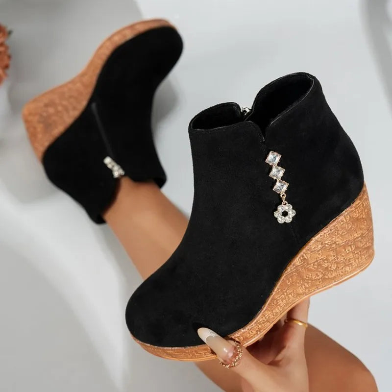 Women's Wedge Heel Ankle Boots – Faux Suede Zip Winter Boots Wedge Ankle Boots Axl 43 003-black