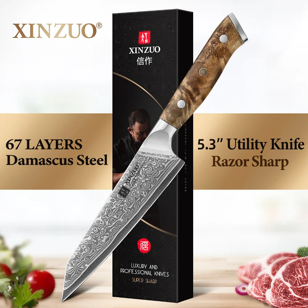 XINZUO 5.3" Damascus Utility Knife – Sycamore Wood Handle Damascus Utility Knife Axl China Mainland