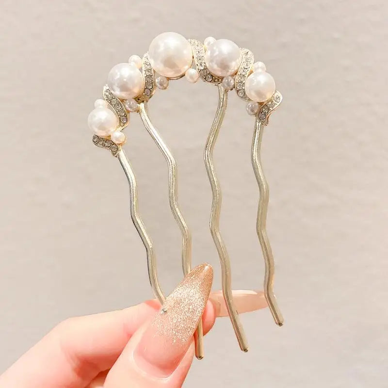 Metal U-Shaped Hair Fork Comb with Pearl Tassel Hair Stick Hair Fork Comb Axl B