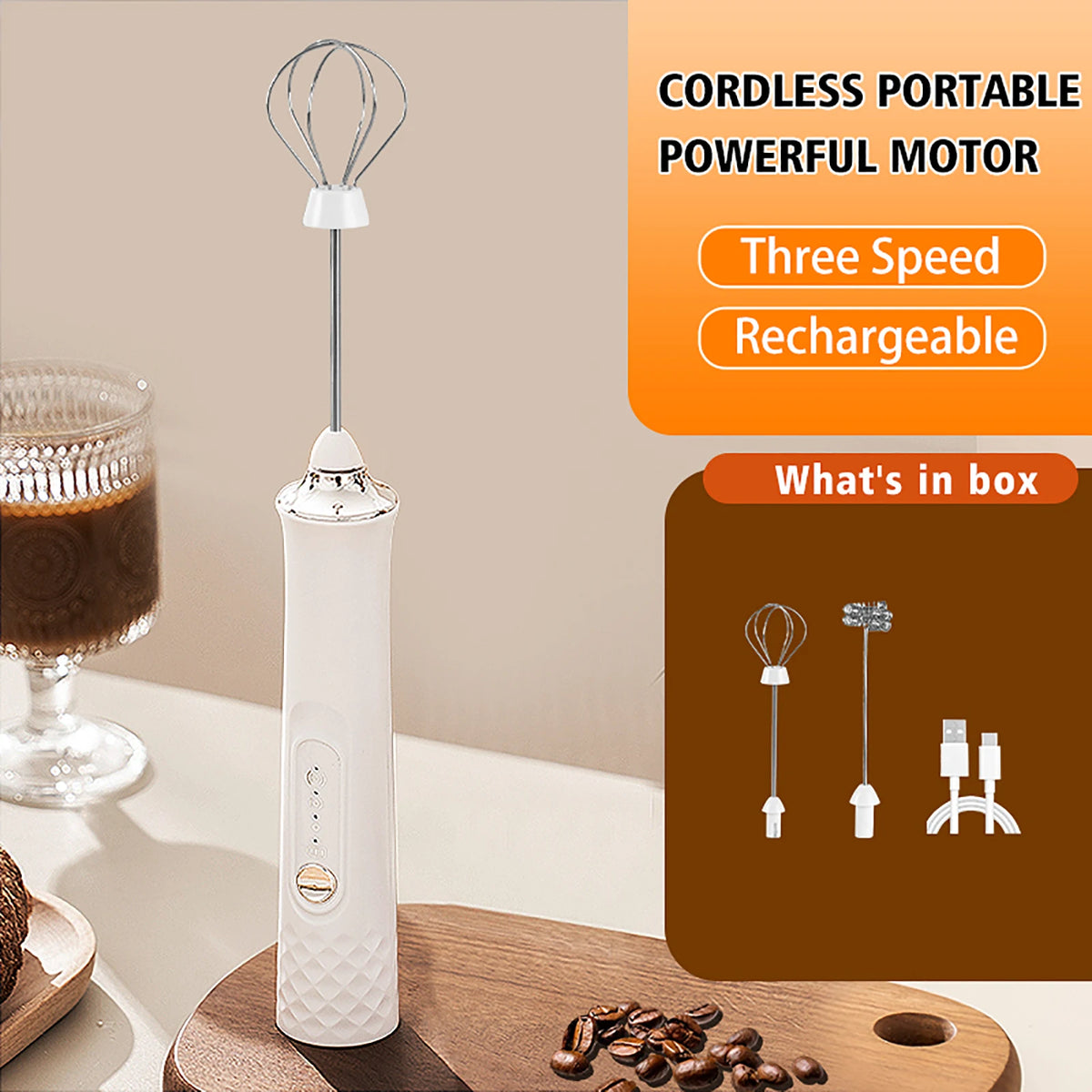 Rechargeable Handheld Electric Milk Frother – 12000 RPM Electric Milk Frother Axl White 2 Whisk