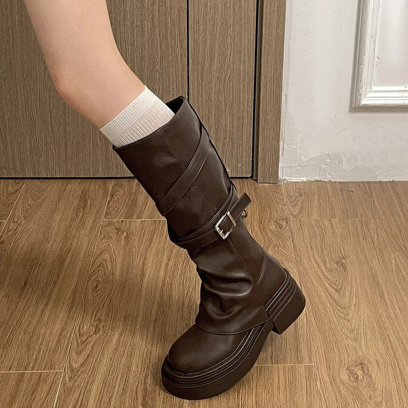 Women's Knee-High Knight Boots – Vintage Block Heel Slip-On Knee-High Boots Axl