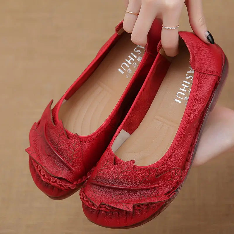 Lorilury Women's Genuine Leather Flat Loafers – Floral Red Flat Loafers Axl