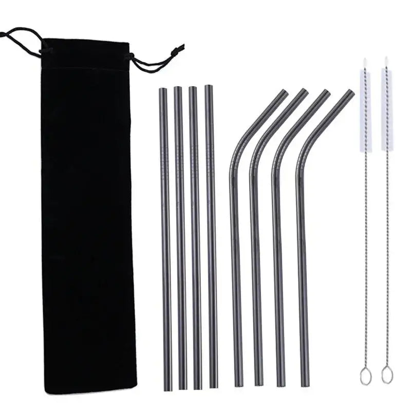 10-Piece Reusable Stainless Steel Straws Set with Cleaning Brush Reusable Straw Set Axl black