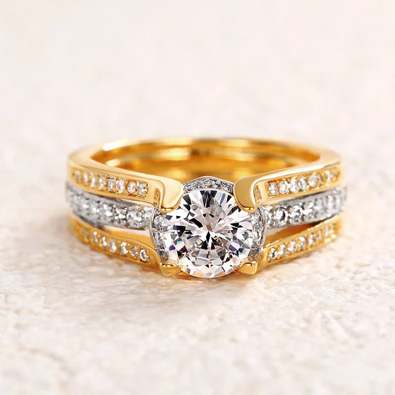 Huitan Gold Sparkling CZ Wedding Ring – Bridal Engagement Band Fashion Ring Axl