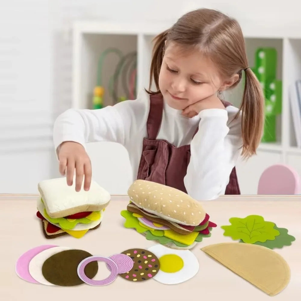 28-Piece Felt Food Play Set – Kids Burger & Sandwich Toy Pretend Play Food Set Axl