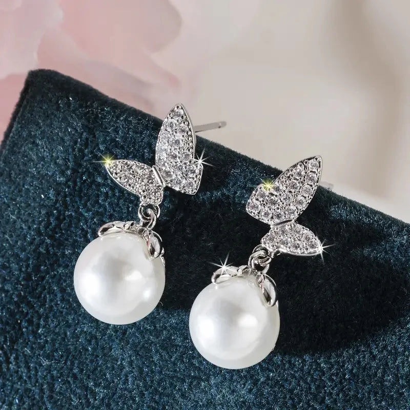 Huitan Butterfly Drop Earrings with Imitation Pearl | Women Drop Earrings Axl