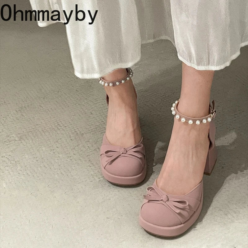 Women's Platform Mary Jane Pumps | Pearl Buckle Bow Heels Platform Mary Jane Pumps Axl