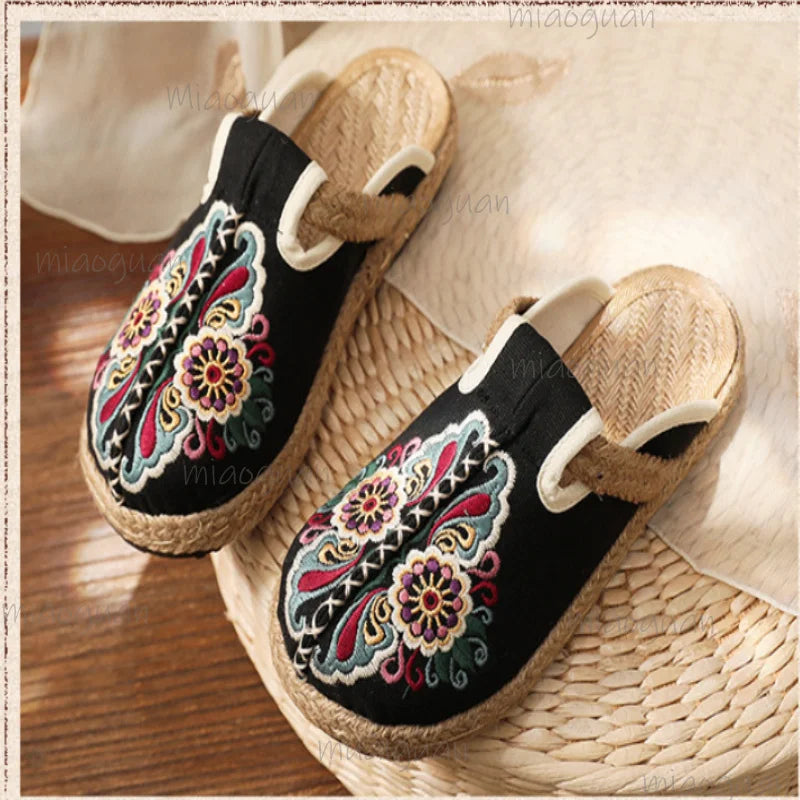 Women's Embroidered Linen Mule Slippers – Flat Ethnic Sandals Mule Slippers Axl Black-2 40