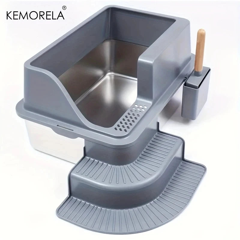 KEMORELA 20L Stainless Steel Cat Litter Box with Stair Foot Pad Cat Litter Box Axl