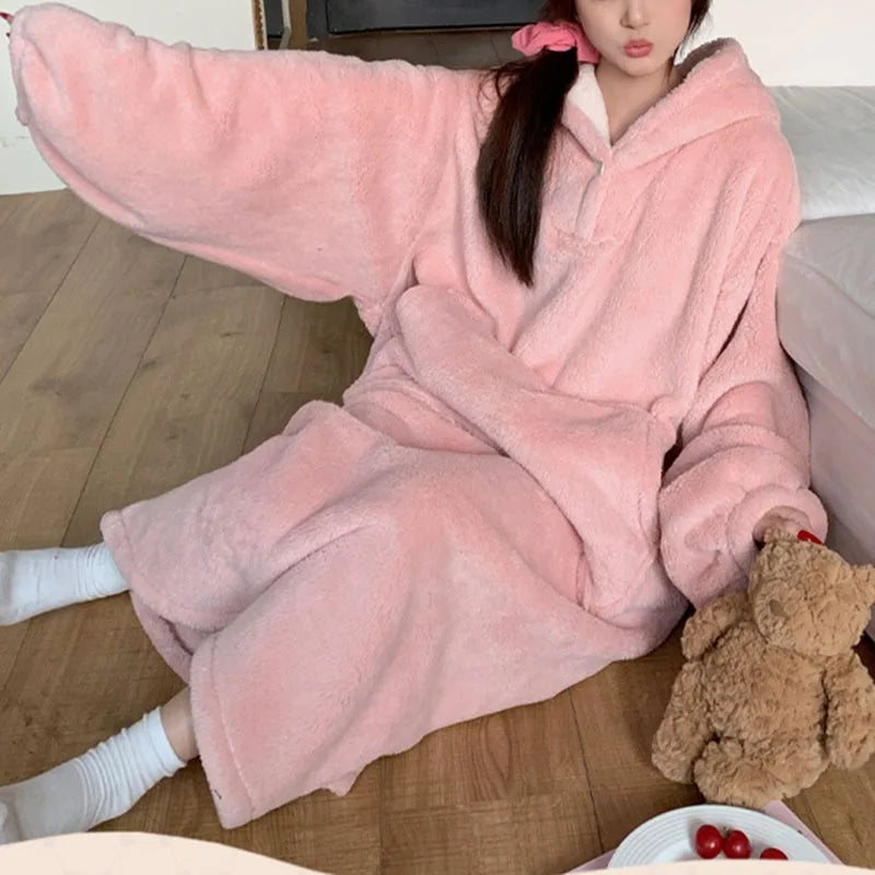 Women's Flannel Hooded Nightgown – Warm Padded Winter Homewear Flannel Nightgown Axl