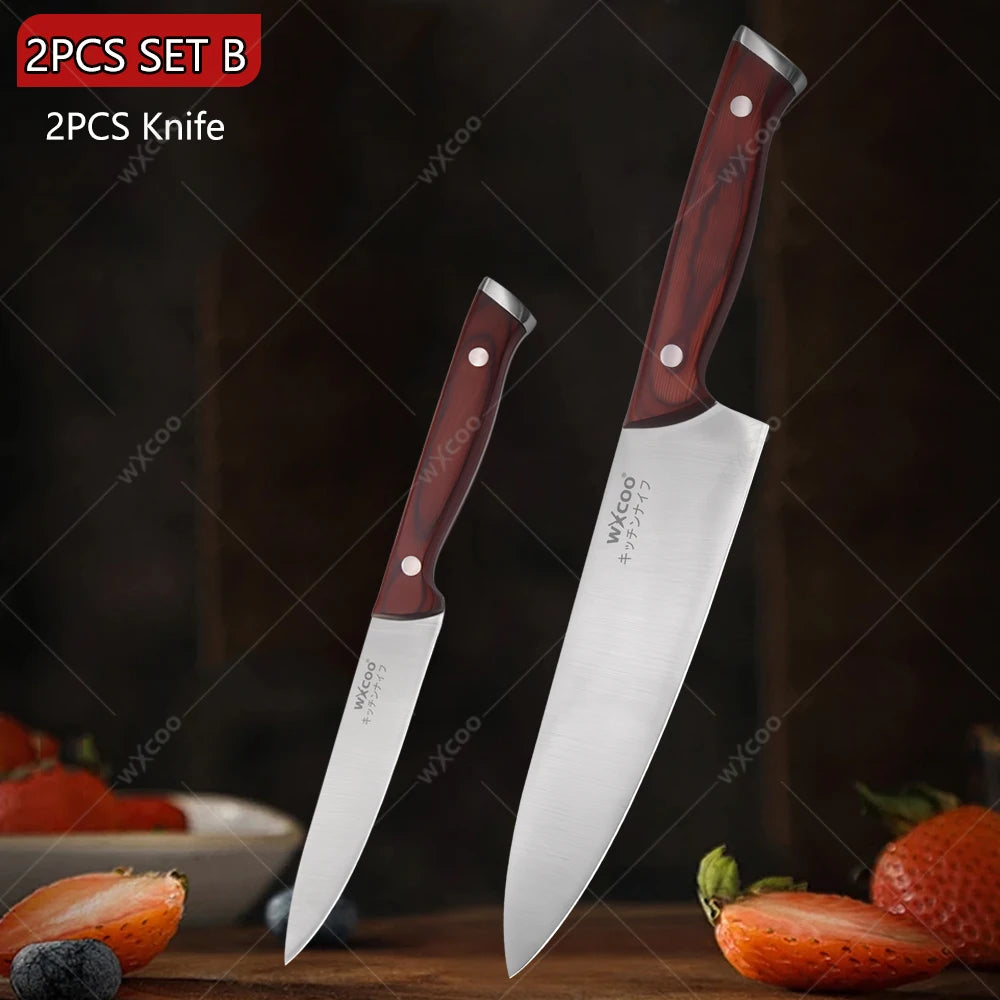 WXCOO Japanese Santoku Knife | Wooden Handle Kitchen Knife Kitchen Knife Axl 2PCS B