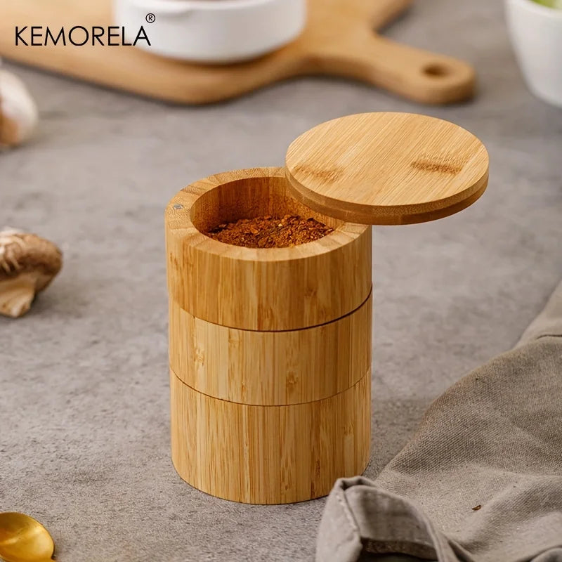 3-Tier Bamboo Salt Box & Spice Storage Jar Set with Spoon Bamboo Spice Container Axl