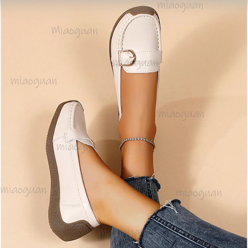 Women's Slip-On Loafers – Elegant Flat Heel PU Leather Flats Women's Loafers Axl
