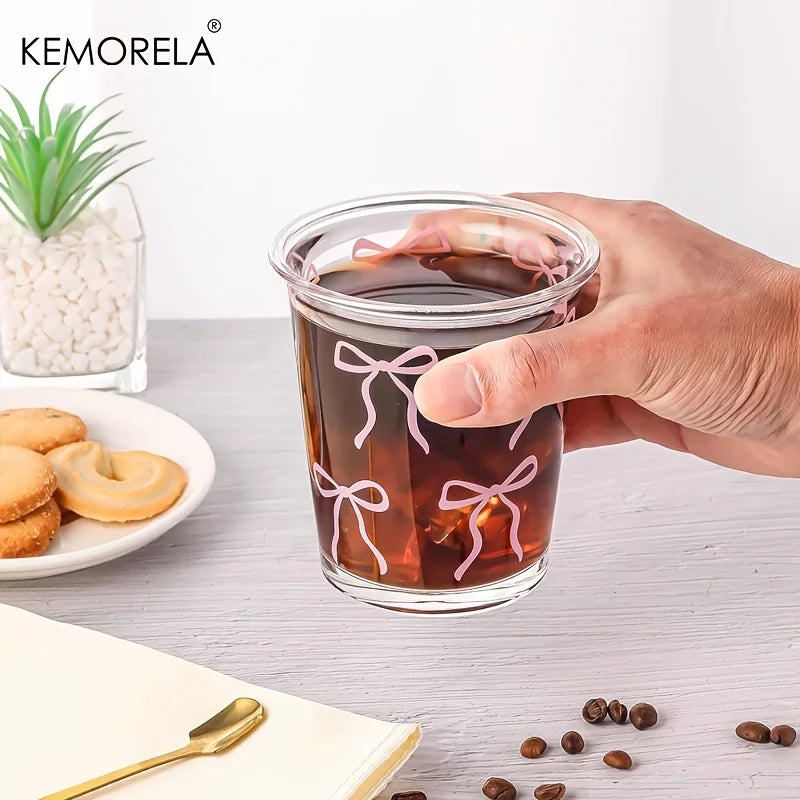 KEMORELA Pink Bow Glass Cup 320ml – Cute Iced Coffee Cup Glass Drinking Cup Axl