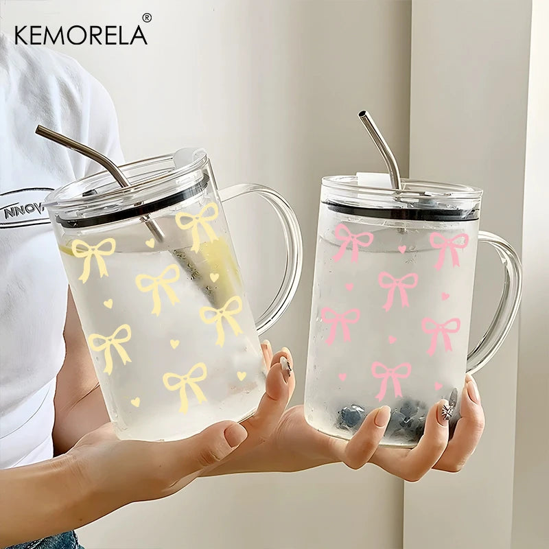 KEMORELA 1000ml Bow-Knot Glass Cup with Lid & Straw | Borosilicate Glass Tumbler Axl
