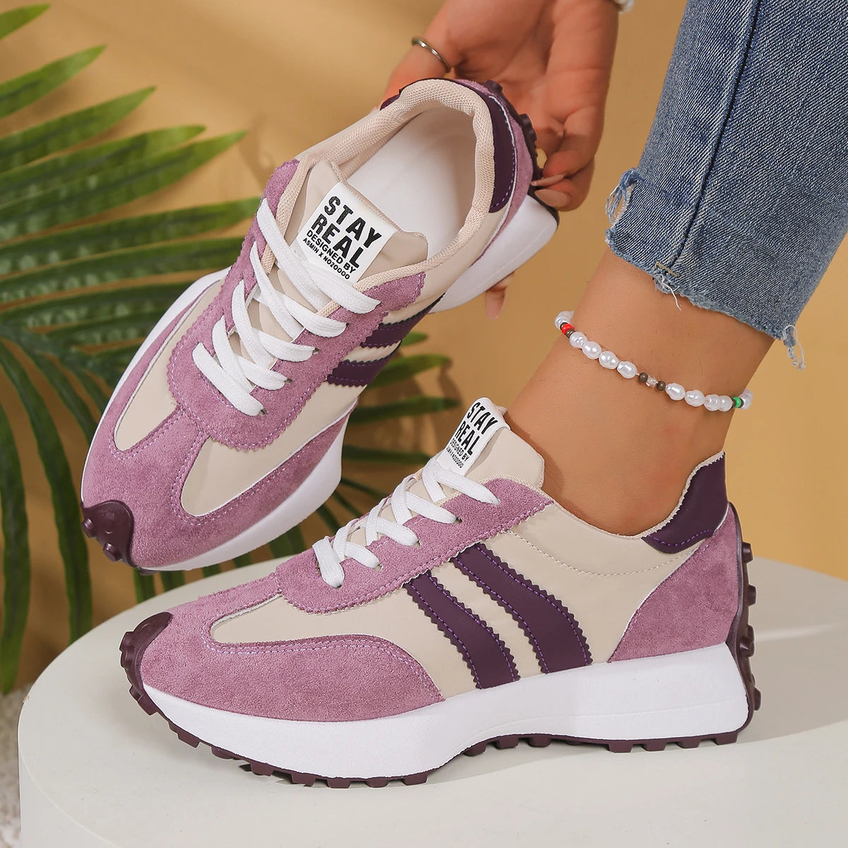 Women's Thick Sole Patchwork Sneakers – Waterproof Lace-Up Women's Sneakers Axl purple 35