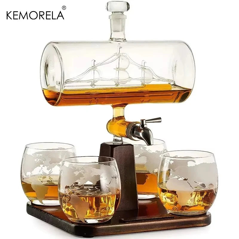 KEMORELA Boat Ship Whiskey Decanter Set – 1100ml & 4 Cups Whiskey Decanter Set Axl 1 Set 901-1000ml