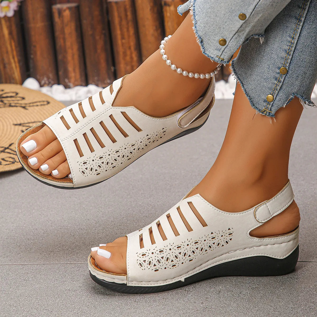 HAJINK Women's Wedge Sandals – Elegant Roman Flat Sandal Women's Wedge Sandals Axl White 41 CN
