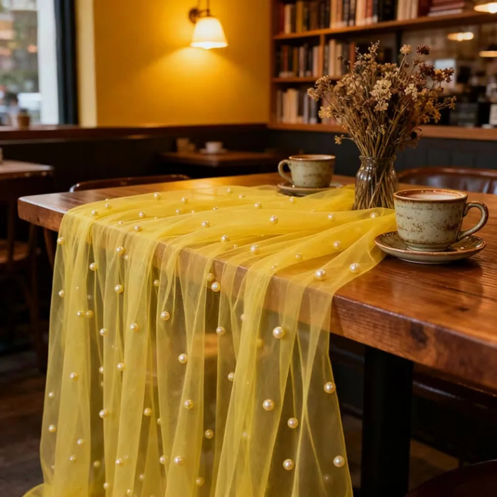 Pearl Tulle Table Runner – Sheer Mesh Gauze Drape 0.75×3M Tulle Table Runner Axl Yellow