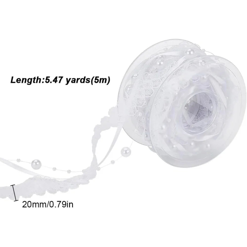Pearl Beaded Lace Trim Ribbon – White Polyester 20mm, 5m Roll Craft Lace Trim Axl