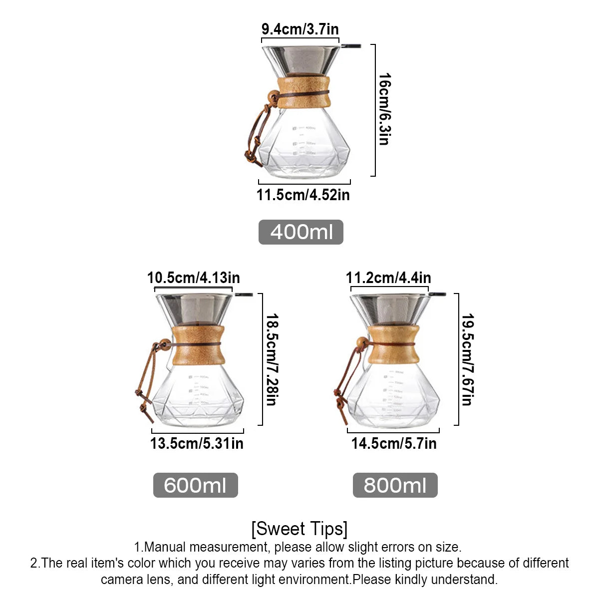 Pour-Over Glass Coffee Maker | Stainless Steel Filter & Wooden Collar Pour-Over Coffee Maker Axl