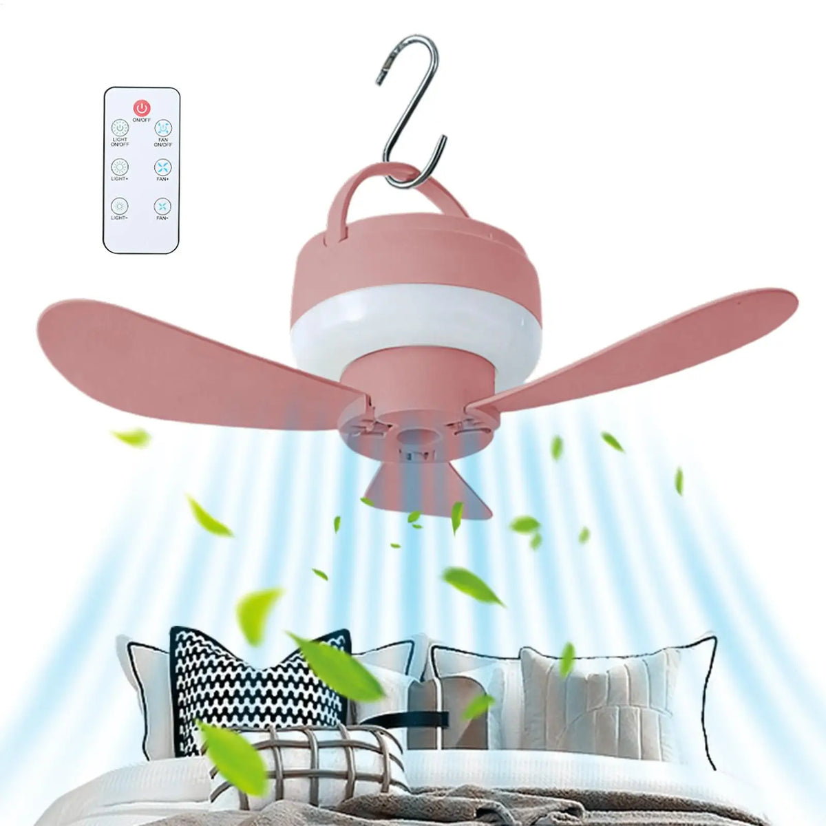 Portable USB Ceiling Fan with Remote, Light & Hook – Camping Portable Ceiling Fan Axl