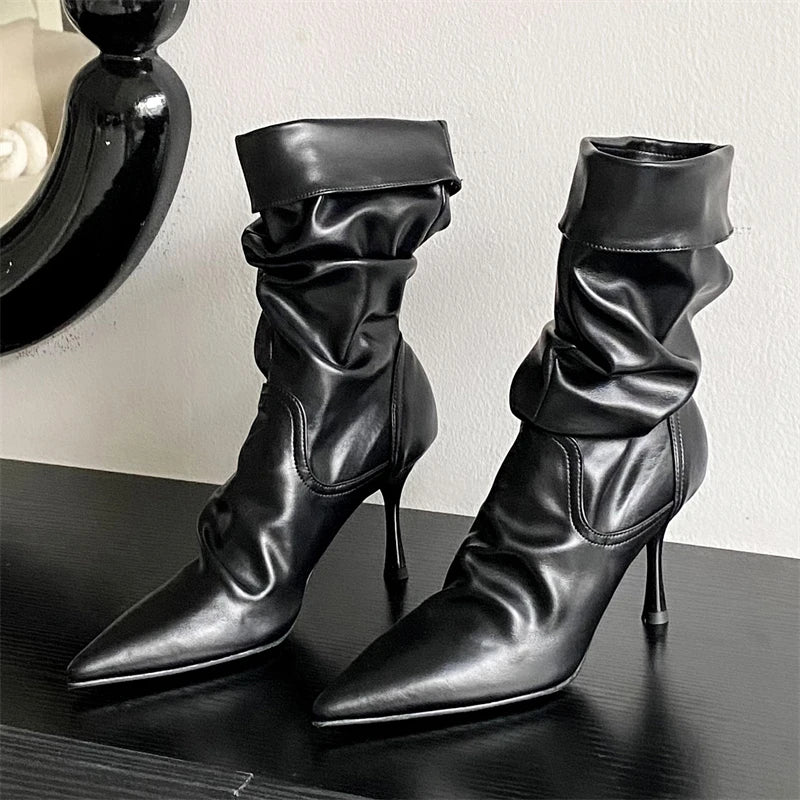 Women's Pleated Ankle Boots Pointed Toe High Heel Side Zip High Heel Ankle Boots Axl Black 39