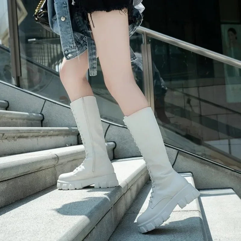 Women's Platform Mid-Calf Boots – Punk Lace-Up Winter Boots Platform Mid-Calf Boots Axl