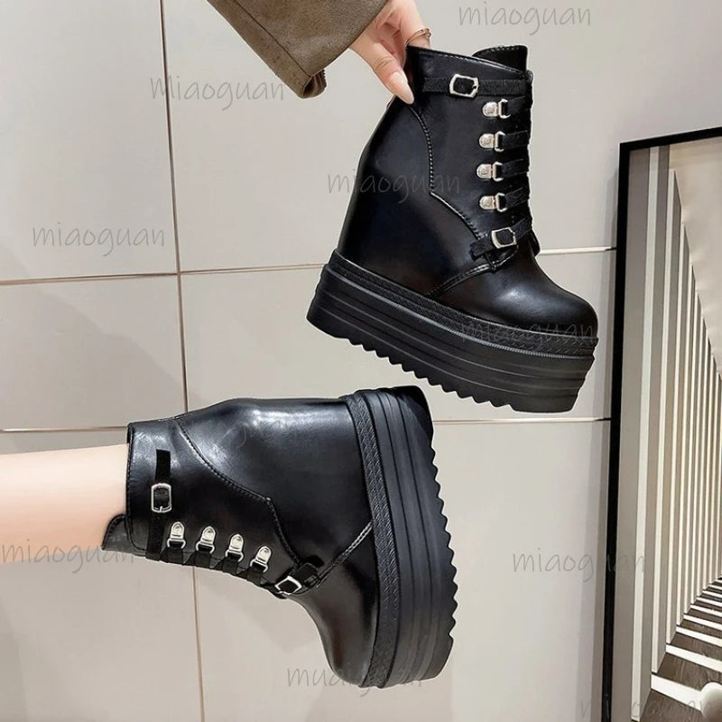 Women's 6CM Platform Wedge Ankle Boots – Metal Buckle Strap Platform Wedge Boots Axl