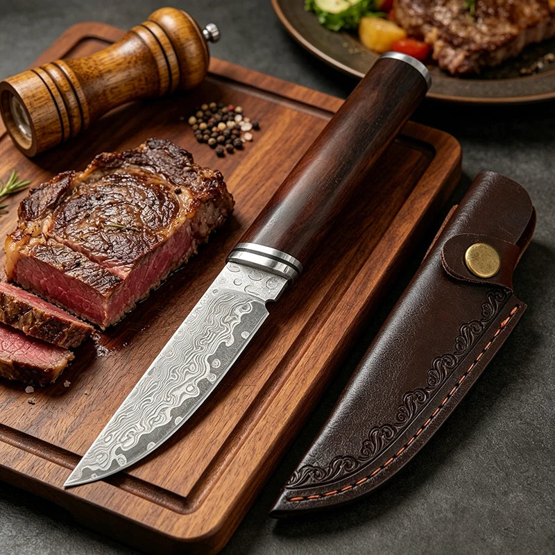 Damascus Steel Boning Knife with Leather Sheath | 7" Blade Fixed Blade Knife Axl