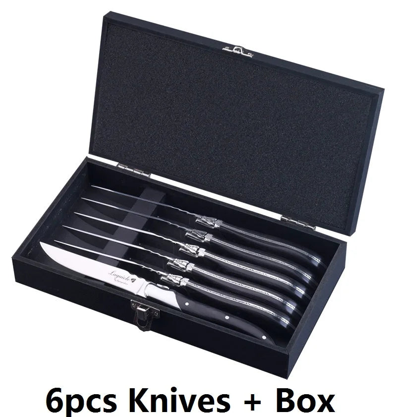 Laguiole-Style Steak Fork Set | Black Wood Handle Stainless Steel Steak Fork Set Axl 6 knives box