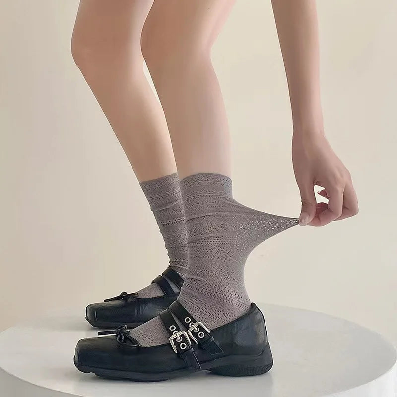 Women's Lace Trim Knee High Socks – Breathable Mesh Knit Knee High Socks Axl 1 pairs grey One Size