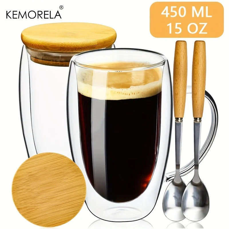 Double Wall Glass Coffee Mugs Set of 2 with Lid & Spoon | KEMORELA Glass Coffee Mug Set Axl 2PCS 450ML 301-400ml