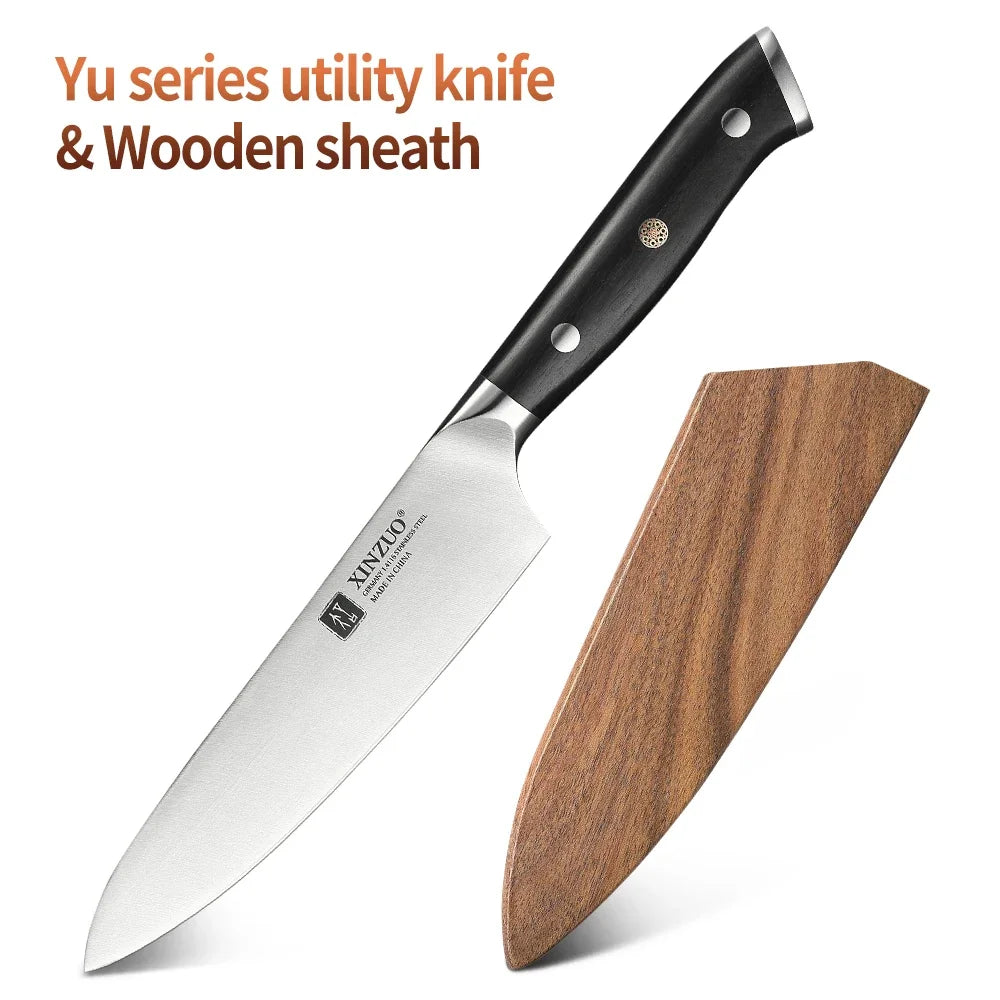 XINZUO 5-Inch Utility Knife – German 1.4116 Steel & Ebony Handle Kitchen Utility Knife Axl With Wooden Sheath