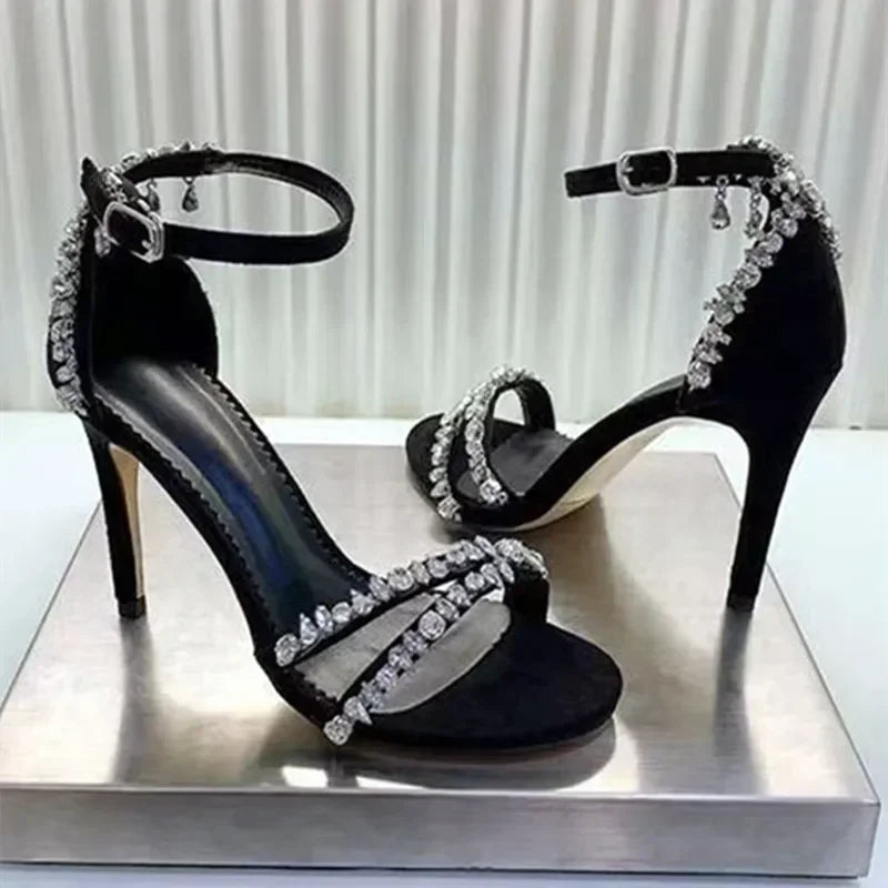 Women's Rhinestone Crystal High Heel Sandals – Ankle Strap High Heel Sandals Axl black 8cm 36