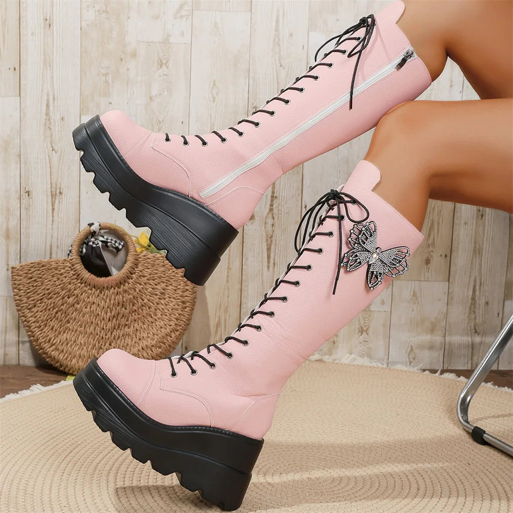 Y2K Pink Butterfly Knee-High Platform Wedge Boots Women Platform Wedge Boots Axl
