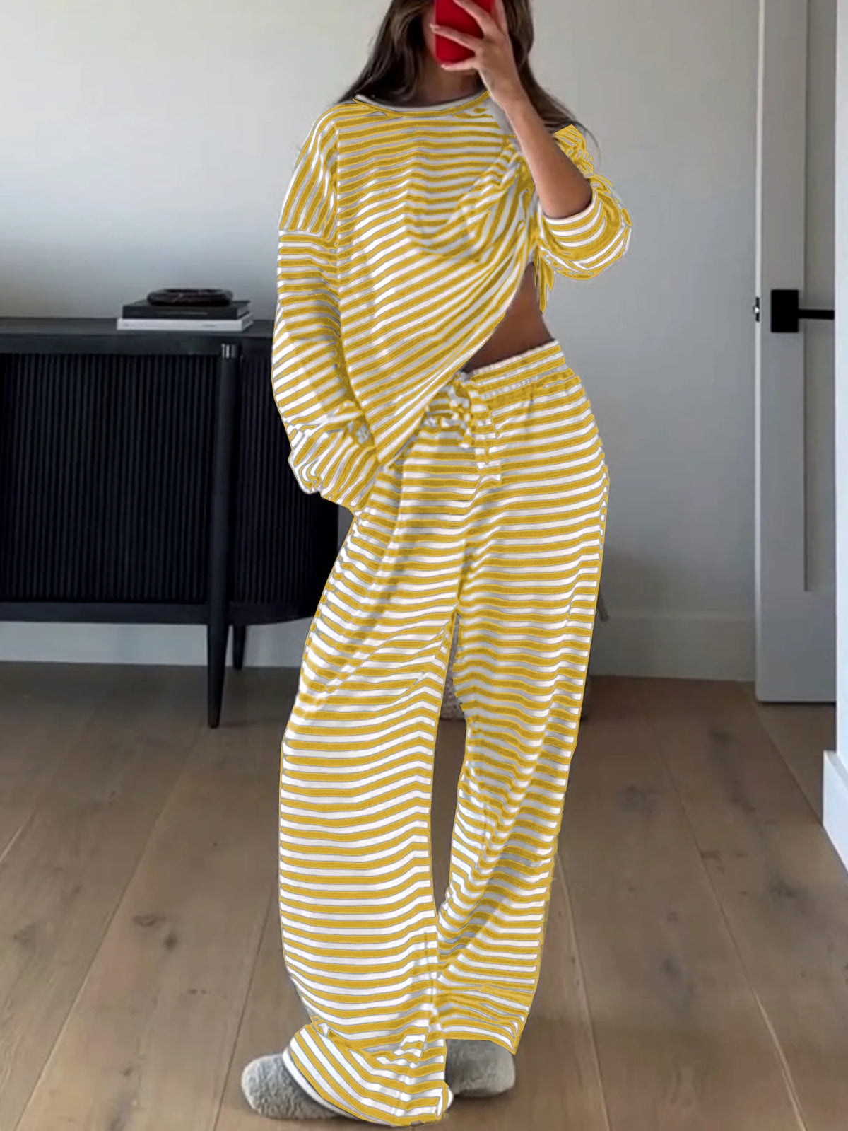 Women's Striped Pajama Set – Long Sleeve 2-Piece Loungewear Women's Pajama Set Axl yellow 1XL