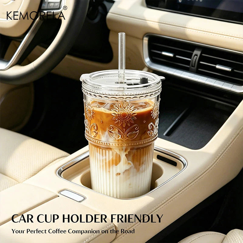 KEMORELA 590ml Sunflower Glass Cups with Lids & Straws Glass Drinkware Set Axl