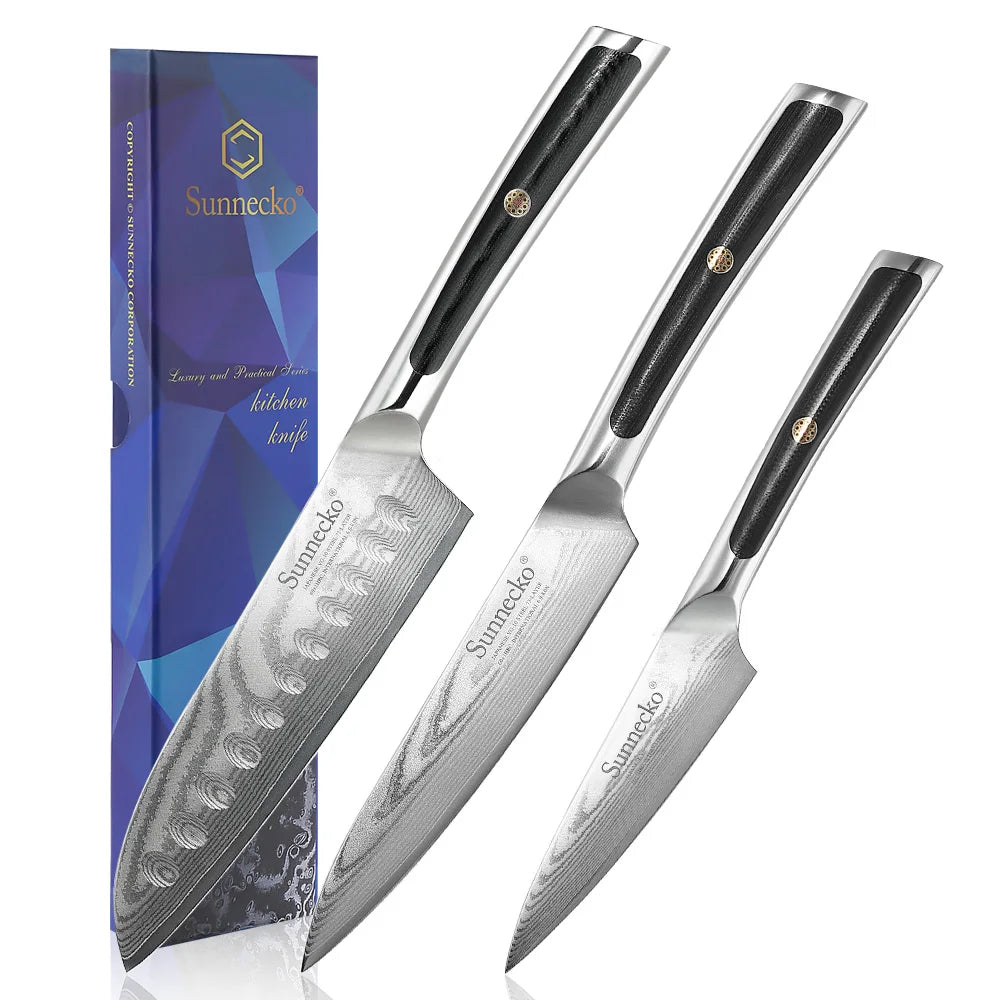Sunnecko 3-Pc Damascus Steel Knife Set – VG10 HRC60+ Sharp Damascus Kitchen Knife Set Axl China Mainland