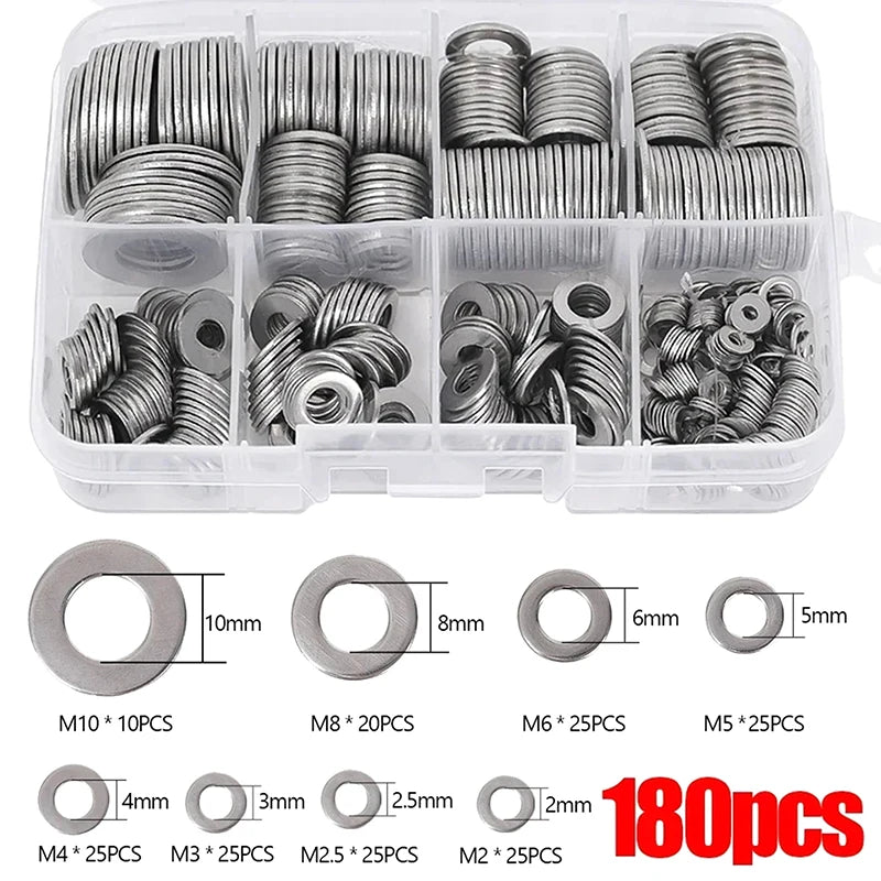 180-Pc Stainless Steel Flat Washer Assortment Kit M2–M10 Washer Assortment Kit Axl 180PCS