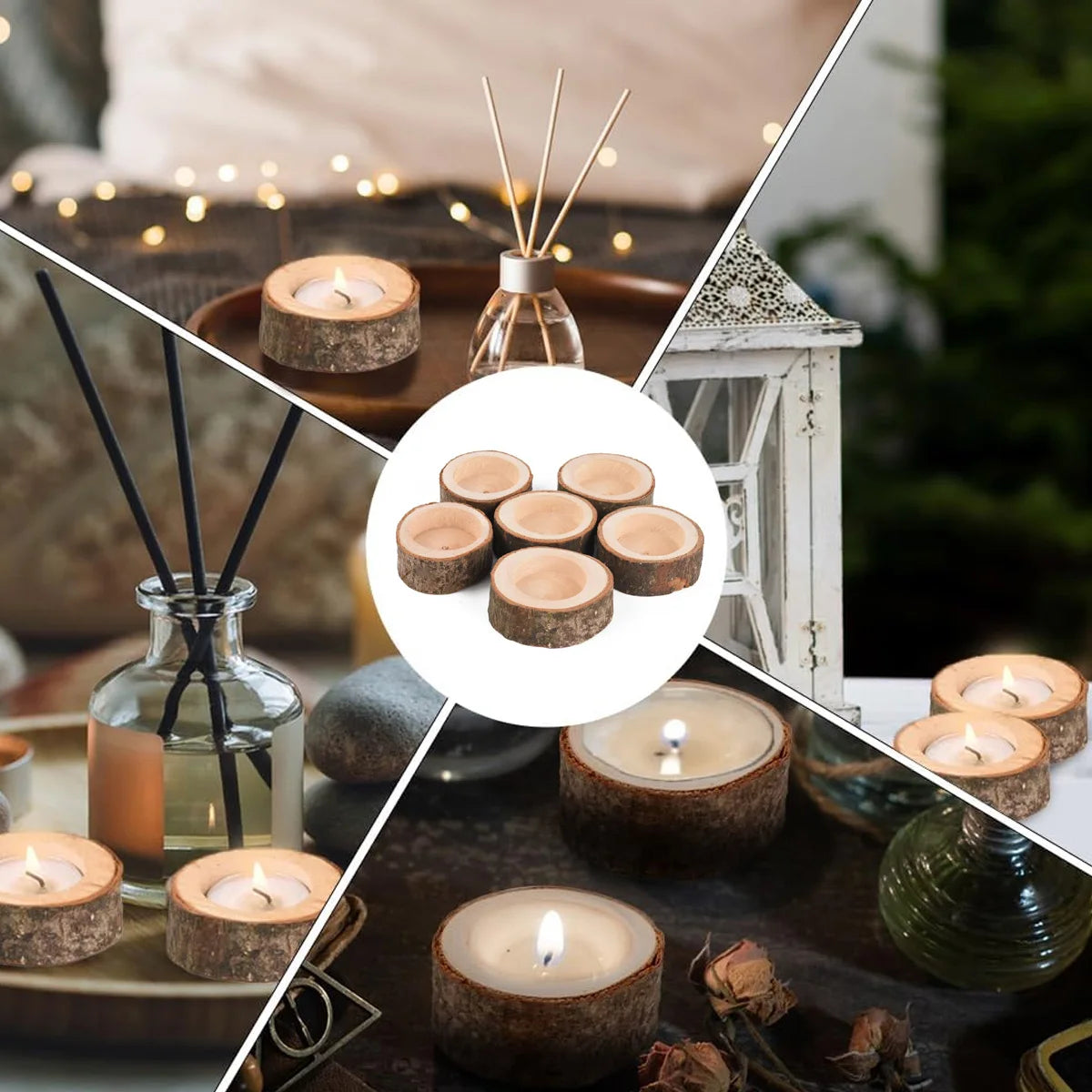 6-Pack Vintage Wooden Tealight Candle Holders – Rustic Décor Candle Holder Set Axl