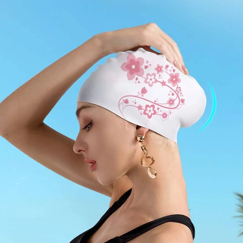 Floral Silicone Swim Cap – Women's Snorkeling & Diving Hood Silicone Swim Cap Axl