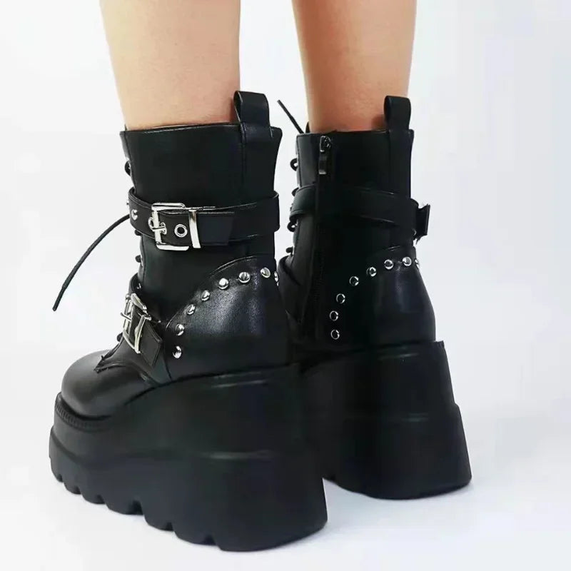 Women's PU Leather Platform Ankle Boots – Gothic Lace-Up Platform Ankle Boots Axl